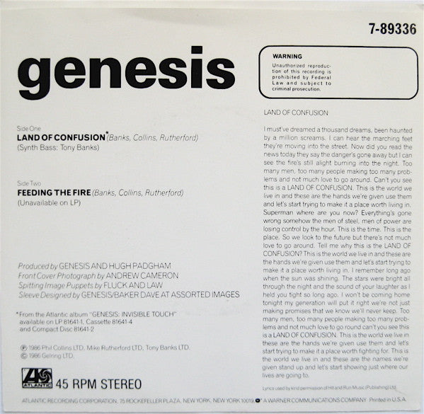 Genesis : Land Of Confusion (7", Single, Promo, SP,)