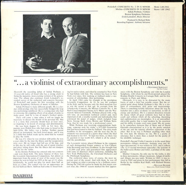 Prokofieff* / Sibelius*, Itzhak Perlman, Boston Symphony Orchestra, Erich Leinsdorf : Concerto No. 2 In G Minor / Concerto In D Minor (LP)
