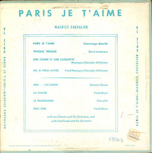 Maurice Chevalier : Paris Je T'aime (10")