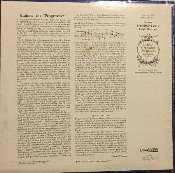Brahms* - Erich Leinsdorf, Boston Symphony Orchestra : Symphony No. 3 / Tragic Overture (LP, Album)