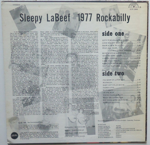 Sleepy La Beef : 1977 Rockabilly (LP, Album, Yel)