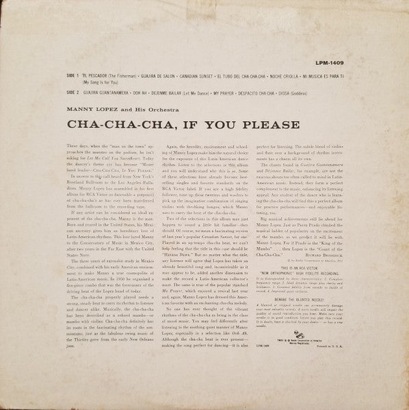 Manny Lopez And His Orchestra : Cha-Cha-Cha, If You Please (LP, Album, Mono)