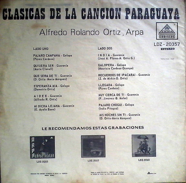 Alfredo Rolando Ortiz : Clásicas De La Canción Paraguaya (LP, Album)