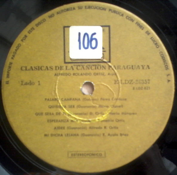 Alfredo Rolando Ortiz : Clásicas De La Canción Paraguaya (LP, Album)