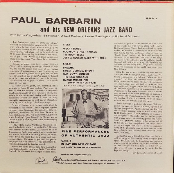 Paul Barbarin And His Jazz Band : Paul Barbarin's New Orleans Jazz Band (LP, Album, Mono)