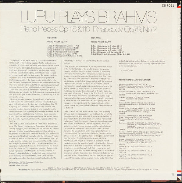Lupu* Plays Brahms* : Piano Pieces Op. 118 & 119 · Rhapsody Op. 79, No. 2 (LP)