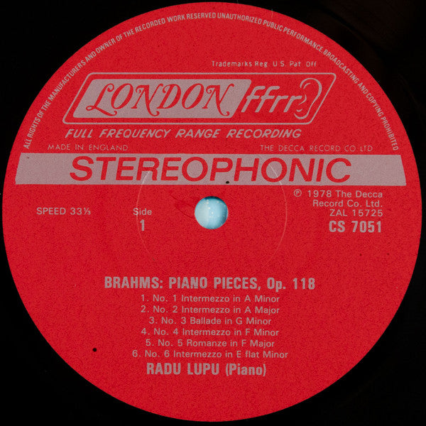Lupu* Plays Brahms* : Piano Pieces Op. 118 & 119 · Rhapsody Op. 79, No. 2 (LP)