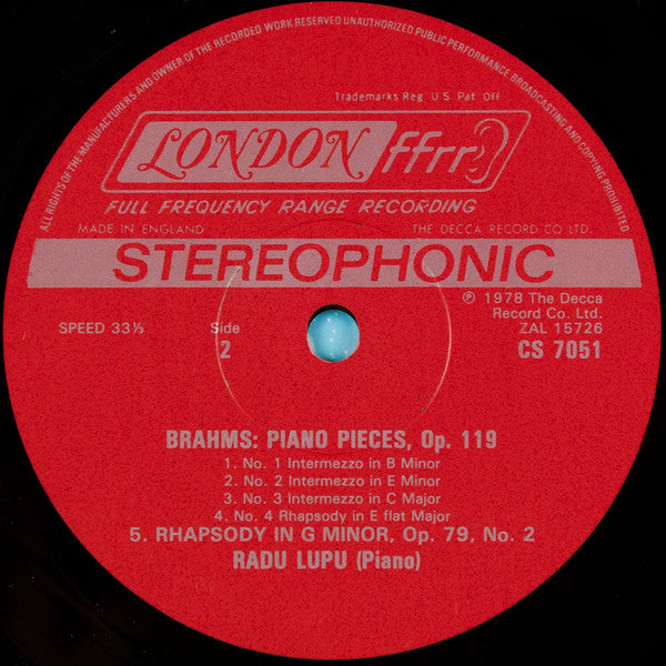 Lupu* Plays Brahms* : Piano Pieces Op. 118 & 119 · Rhapsody Op. 79, No. 2 (LP)