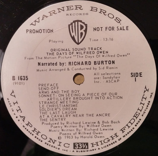 Richard Burton (2) : The Days Of Wilfred Owen (Original Soundtrack) (LP, Album, Mono, Promo)