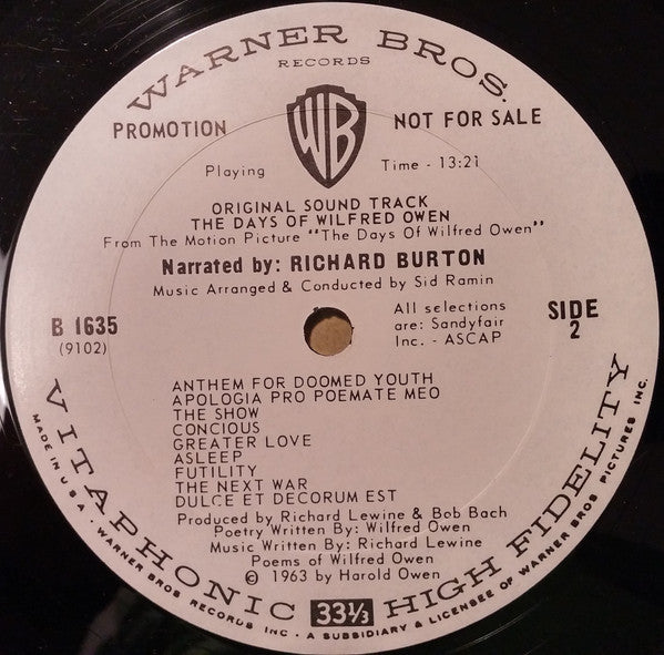 Richard Burton (2) : The Days Of Wilfred Owen (Original Soundtrack) (LP, Album, Mono, Promo)