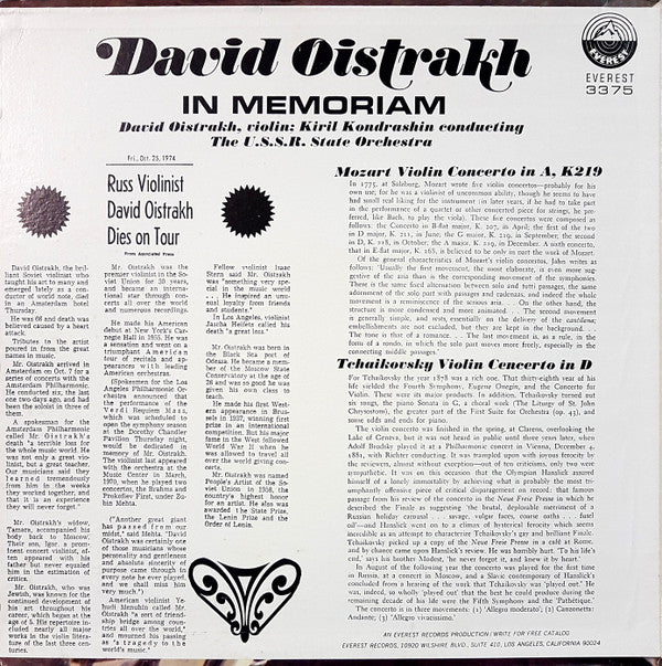 David Oistrakh*, The USSR State Orchestra*, Kiril Kondrashin : David Oistrakh - In Memoriam (LP, Comp)