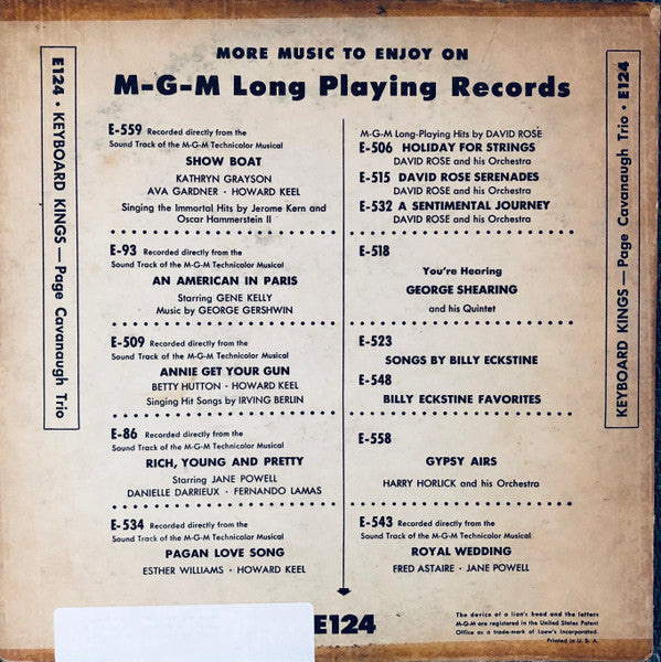 The Page Cavanaugh Trio : Keyboard Kings (10", Album)