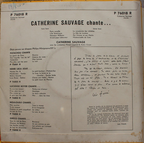 Catherine Sauvage : Catherine Sauvage Chante Ses Derniers Succès (10", Album)