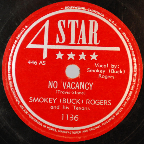 Smokey (Buck) Rogers And His Texans* : No Vacancy / I Let My Wife Support Me (Shellac, 10")