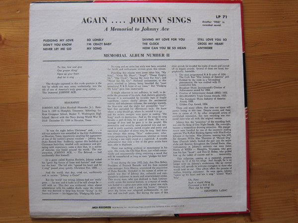 Johnny Ace : Memorial Album For Johnny Ace (LP, Comp, Mono, RE)