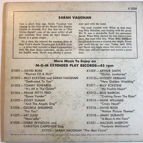 Sarah Vaughan : The Man I Love (7", EP)