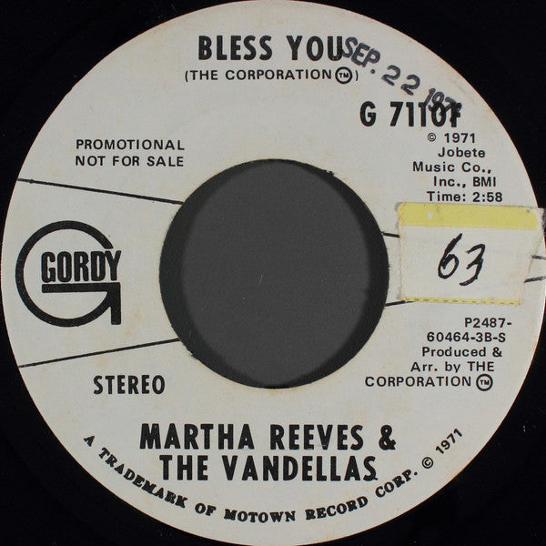Martha Reeves & The Vandellas : Bless You (7", Mono, Promo)