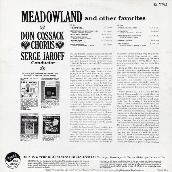 Don Kosaken Chor Serge Jaroff, Serge Jaroff : Meadowland And Other Favorites (LP, Album)