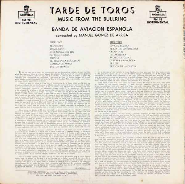 Banda De Aviación Española Conducted By Manuel Gomez De Arriba : Tarde De Toros (Music From The Bullring) (LP, Album, Mono, Yel)