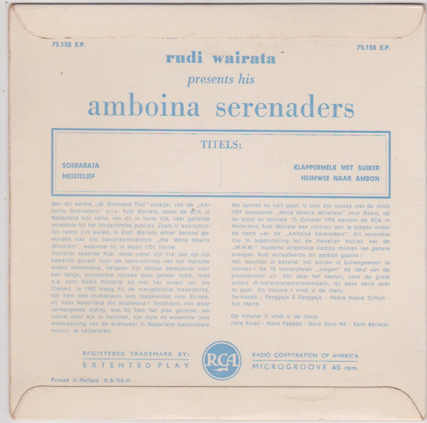 Rudi Wairata, Amboina Serenaders : Rudy Wairata Presents His Amboina Serenaders (Volume III) (7", EP)