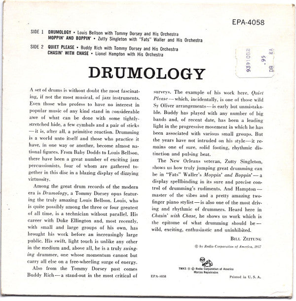 Buddy* ... Lou* ... Hamp* ... Zutty* : Drumology  (7", EP, Comp, Mono)