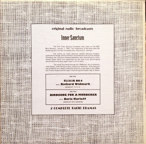 Inner Sanctum (5) With Richard Widmark, Boris Karloff : Inner Sanctum - 2 Complete Radio Dramas (LP, Album, Mono)