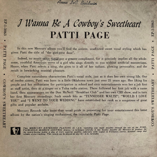 Patti Page : I Want To Be A Cowboy's Sweetheart (7", EP)