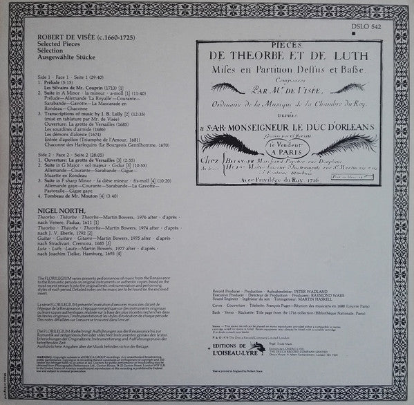 Robert de Visée, Nigel North : Pièces De Théorbe, De Luth Et De Guittarre (LP, Album)