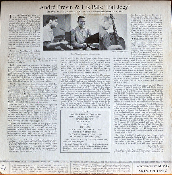 André Previn & His Pals : Modern Jazz Performances Of Songs From Pal Joey (LP, Album, Mono, RE)