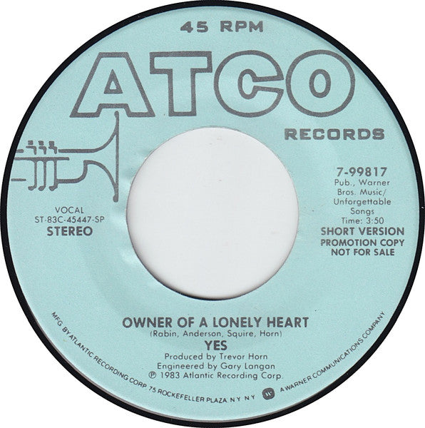 Yes : Owner Of A Lonely Heart (7", Single, Promo, SP-)