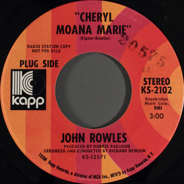 John Rowles : Cheryl Moana Marie (7", Mono, Promo)