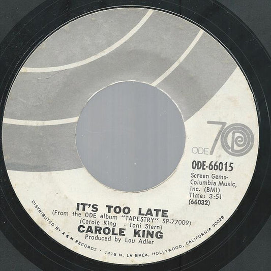 Carole King : It's Too Late   (7", Single)