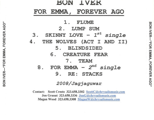 Bon Iver : For Emma, Forever Ago (CDr, Album, Promo)