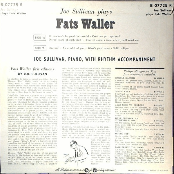 Joe Sullivan : Joe Sullivan Plays Fats Waller (10", Album)
