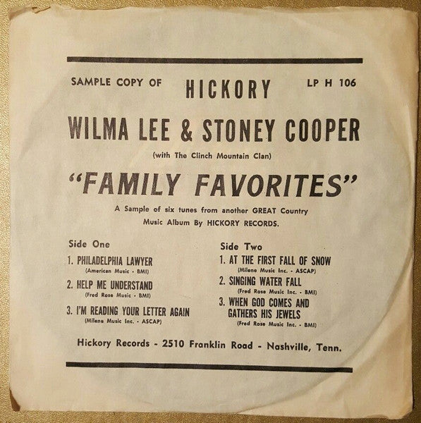 Wilma Lee & Stoney Cooper : Family Favorites (7", EP, Promo)
