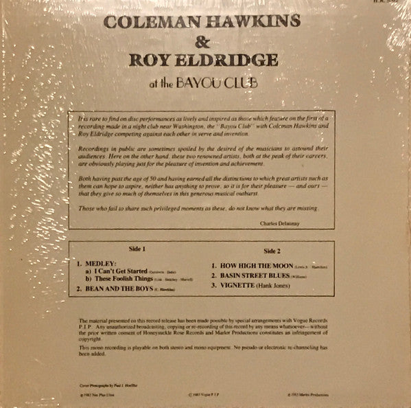 Coleman Hawkins, Roy Eldridge : Coleman Hawkins & Roy Eldridge At The Bayou Club  (LP)