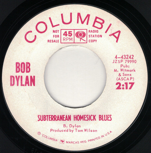 Bob Dylan : Subterranean Homesick Blues (7", Promo, Styrene)