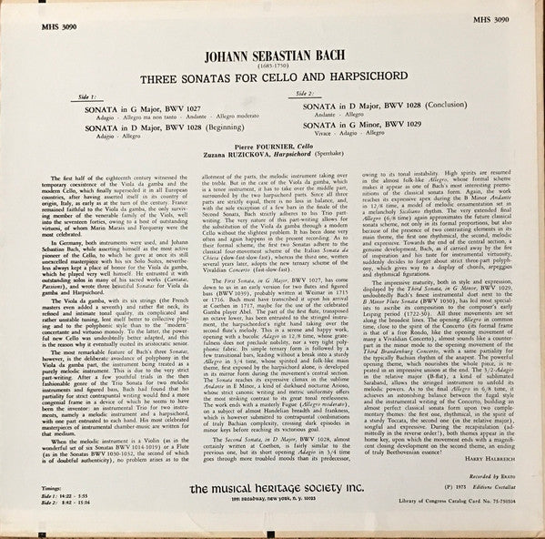 Johann Sebastian Bach, Pierre Fournier, Zuzana Růžičková : Three Sonatas For Cello And Harpsichord, BWV 1027-1029 (LP, RE)