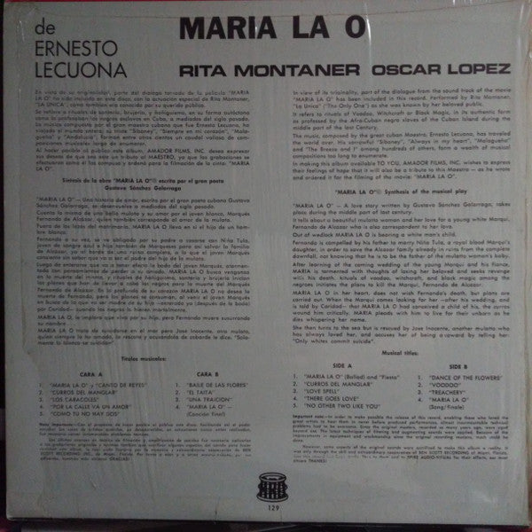 Ernesto Lecuona, Rita Montaner, Oscar Lopez (2) : Musica De Pelicula "Maria La O" (LP, Album)