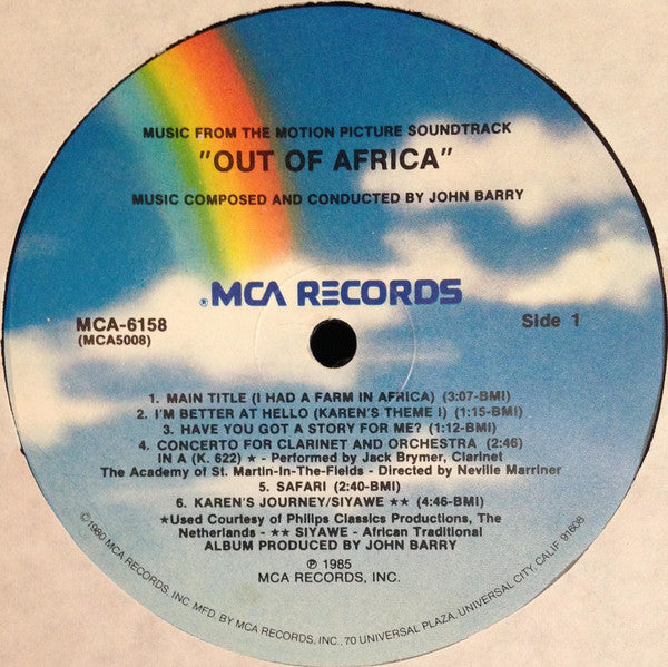 John Barry : Out Of Africa (Music From The Motion Picture Soundtrack) (LP, Album, Pin)