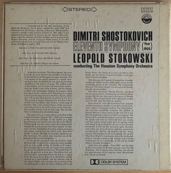 Dmitri Shostakovich Dimitri Shostokovich Leopold Stokowski conducting Houston Symphony Orchestra : Eleventh Symphony (Year 1905) (2xLP, Enh, Box)
