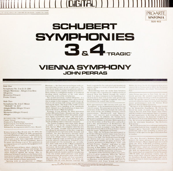 John Perras, Wiener Symphoniker, Schubert* : Symphonies 3 & 4 "Tragic" (LP)