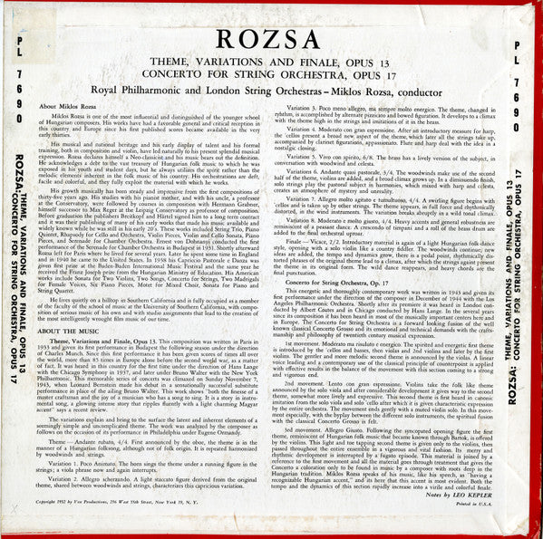 Miklós Rózsa - Royal Philharmonic Orchestra / London String Orchestra : Theme, Variations And Finale, Opus 13 / Concerto For String Orchestra, Opus 17 (LP, Mono)