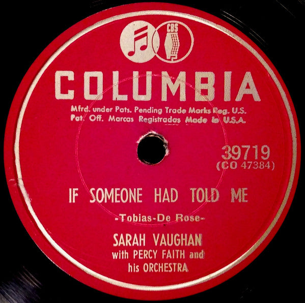 Sarah Vaughan With Percy Faith And His Orchestra* : If Someone Had Told Me / Corner To Corner (Shellac, 10")