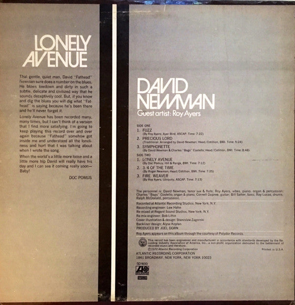 David "Fathead" Newman : Lonely Avenue (LP, Album, Mono, Promo, PR)