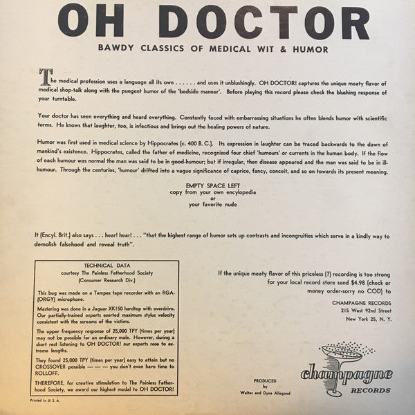 Walter And Dyna Allegood : Oh Doctor! (Bawdy Classics Of Medical Wit & Humor) (LP)