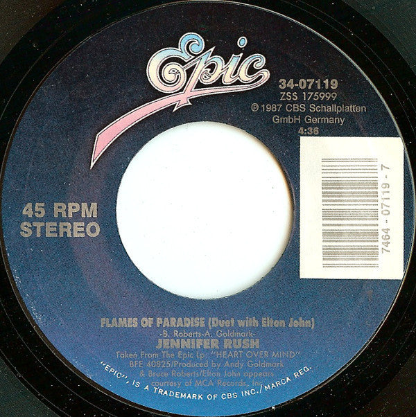 Jennifer Rush : Flames Of Paradise (7", Styrene)