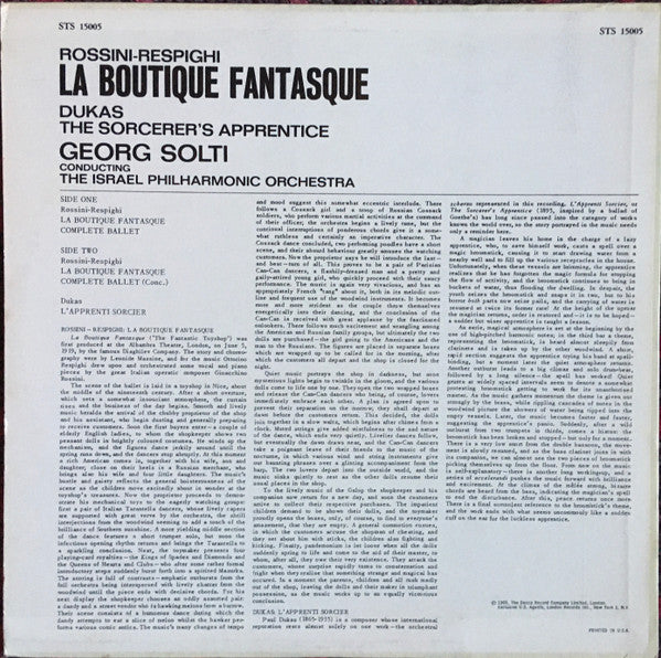 Georg Solti, The Israel Philharmonic Orchestra*, Rossini*, Respighi*, Dukas* : La Boutique Fantasque / The Sorcerer's Apprentice (LP, Album, RE, RP)