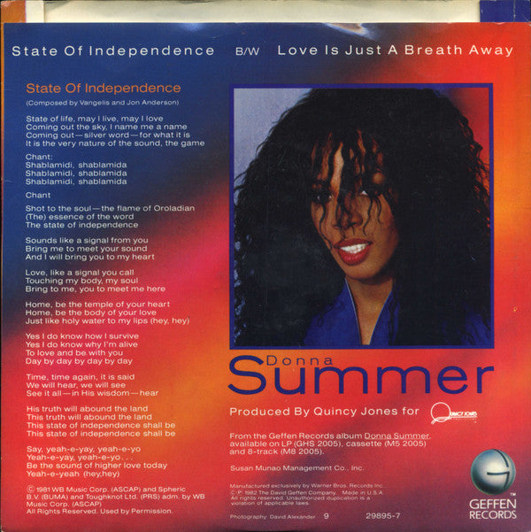 Donna Summer : State Of Independence (7", All)