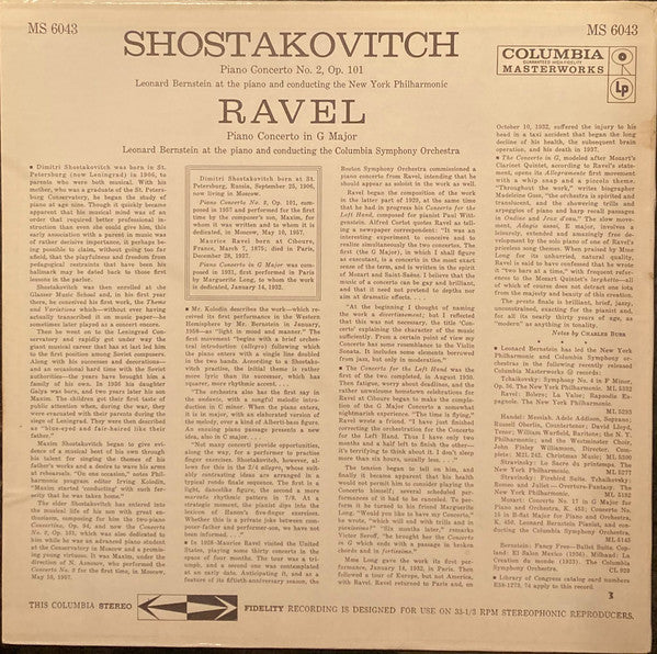 Leonard Bernstein - Shostakovitch* / Ravel* - New York Philharmonic / Columbia Symphony Orchestra : Piano Concerto No. 2 / Piano Concerto In G Major (LP, Album, RP)